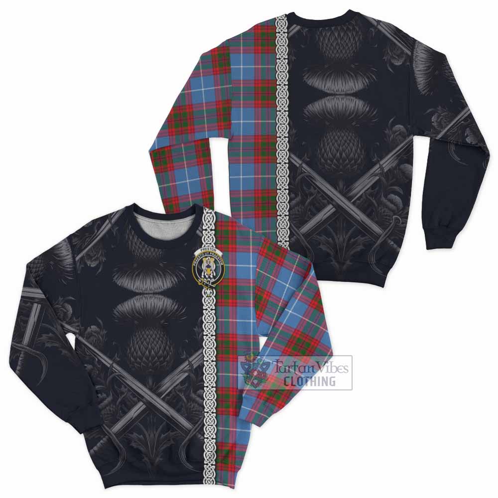 Preston Tartan Sweatshirt with Family Crest Cross Sword Thistle Celtic Vibes - Tartan Vibes Clothing