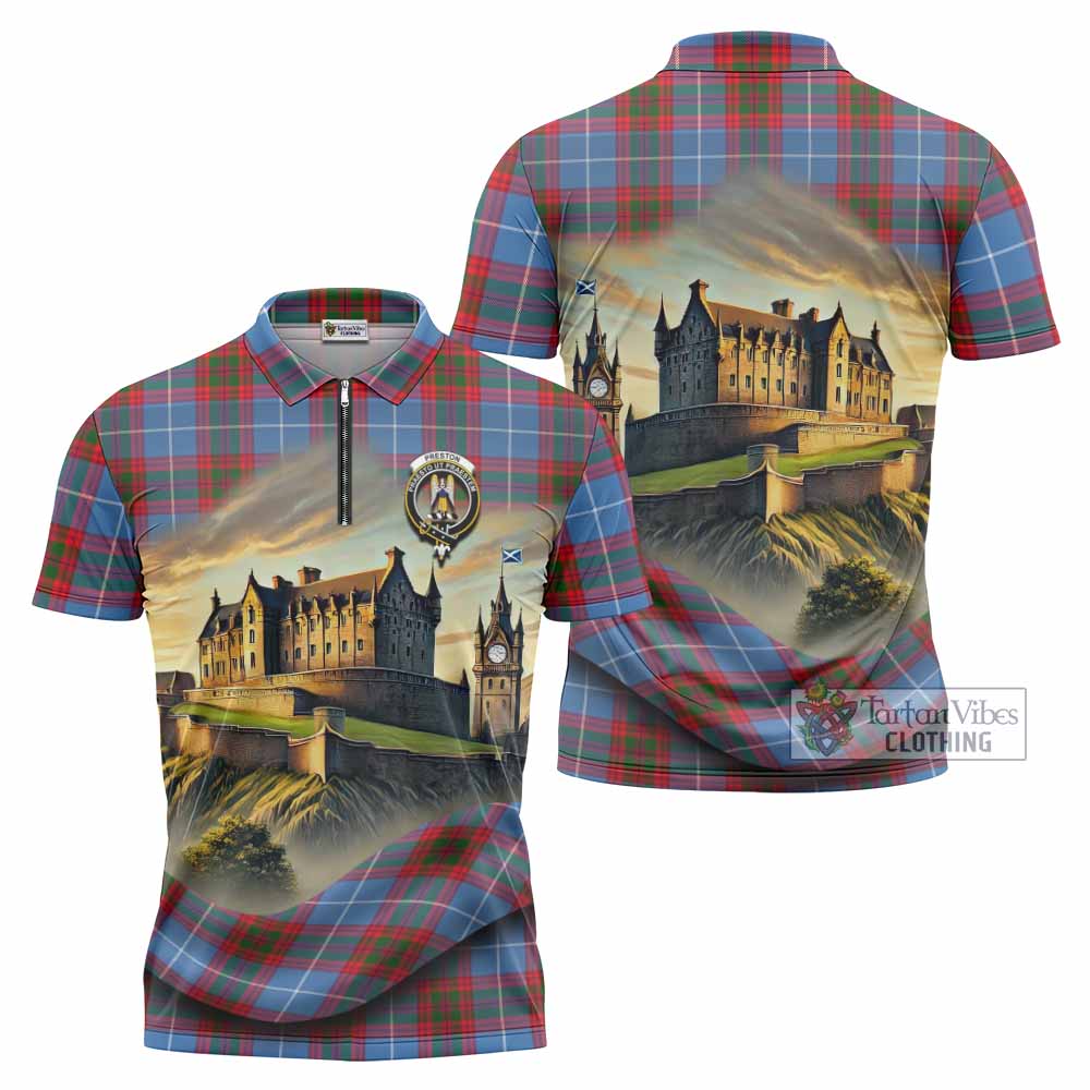 Preston Tartan Family Crest Zipper Polo Shirt with Scottish Ancient Castle Style - Tartan Vibes Clothing