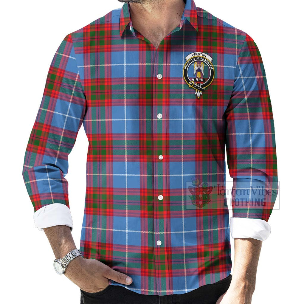 Preston Tartan Long Sleeve Button Shirt with Family Crest Celtic Skull Style - Tartan Vibes Clothing