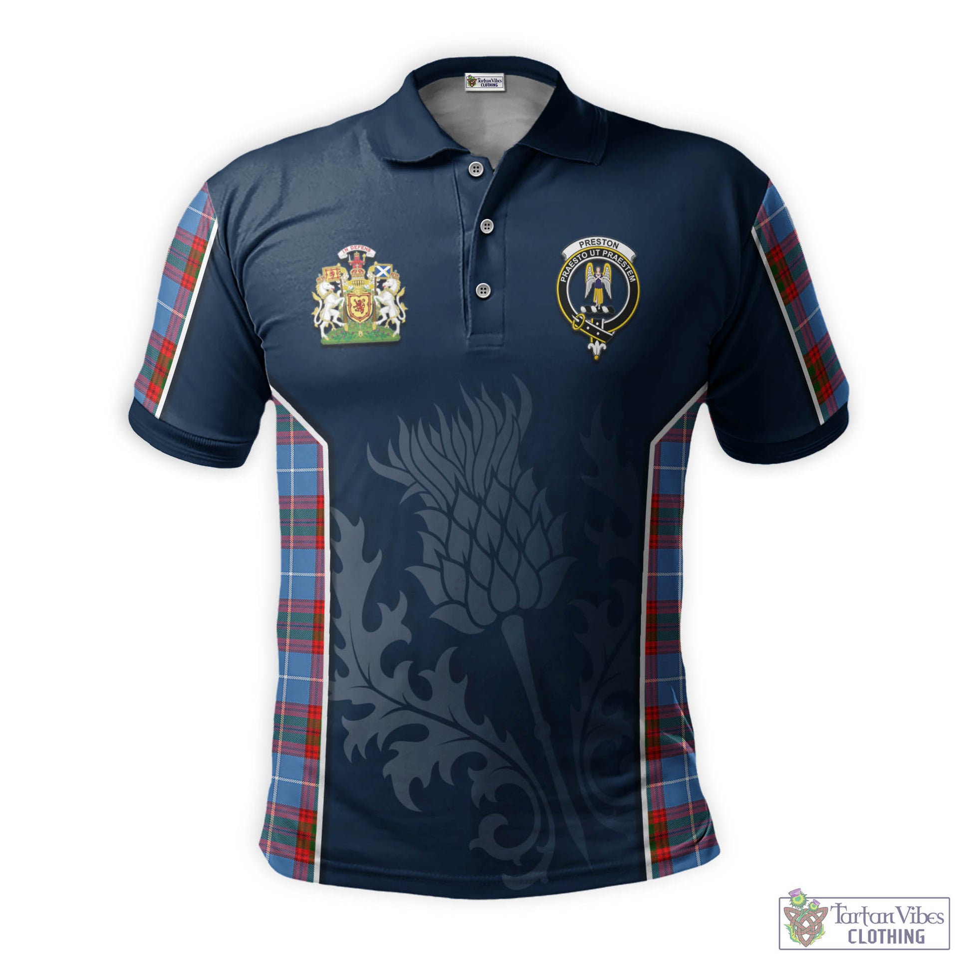 Tartan Vibes Clothing Preston Tartan Men's Polo Shirt with Family Crest and Scottish Thistle Vibes Sport Style