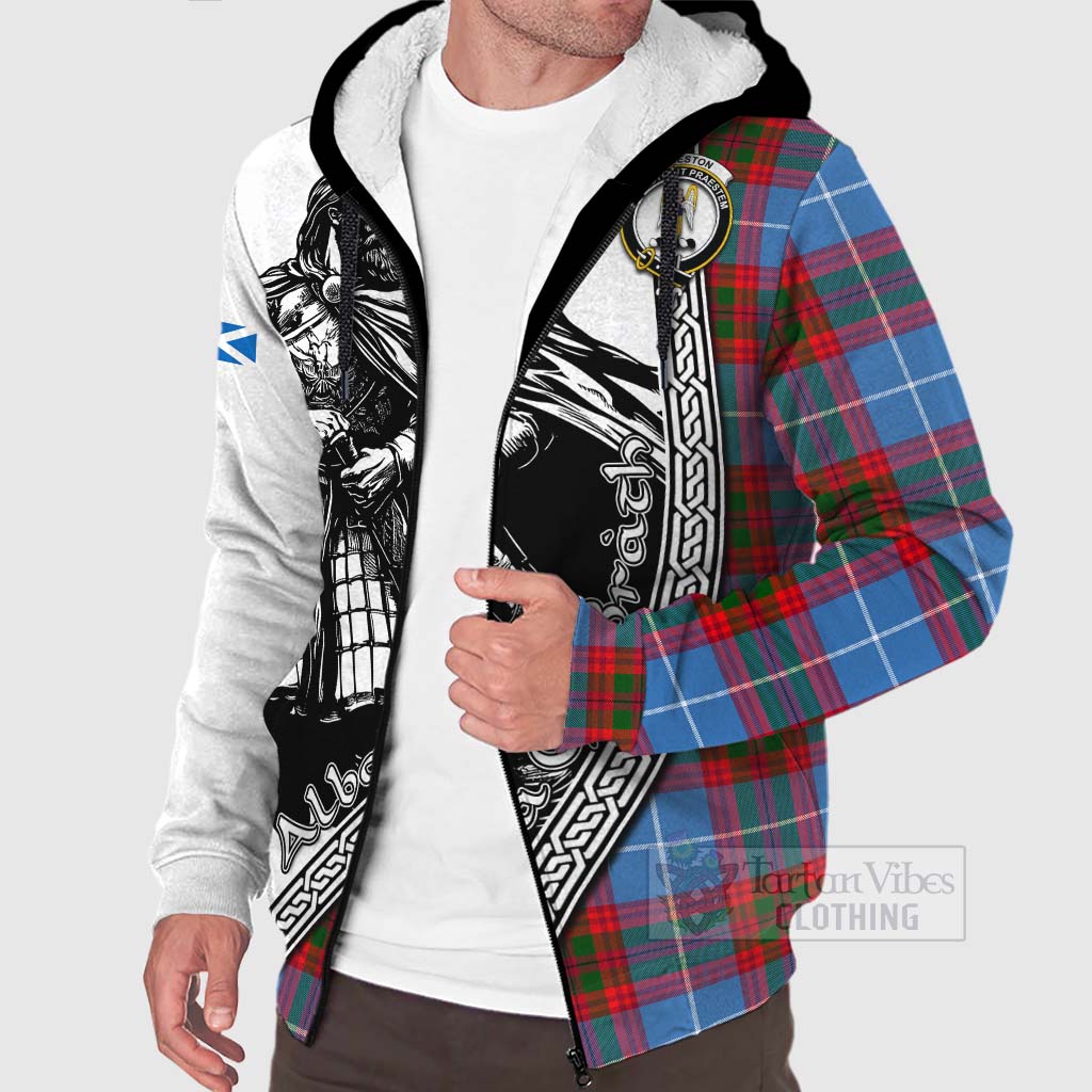 Preston Tartan Clan Crest Sherpa Hoodie with Highlander Warrior Celtic Style Unisex - Tartan Vibes Clothing