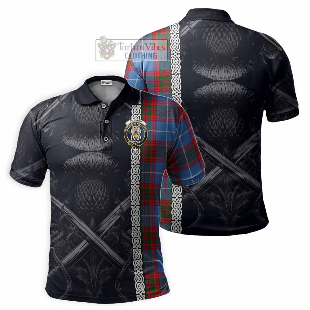 Preston Tartan Polo Shirt with Family Crest Cross Sword Thistle Celtic Vibes - Tartan Vibes Clothing