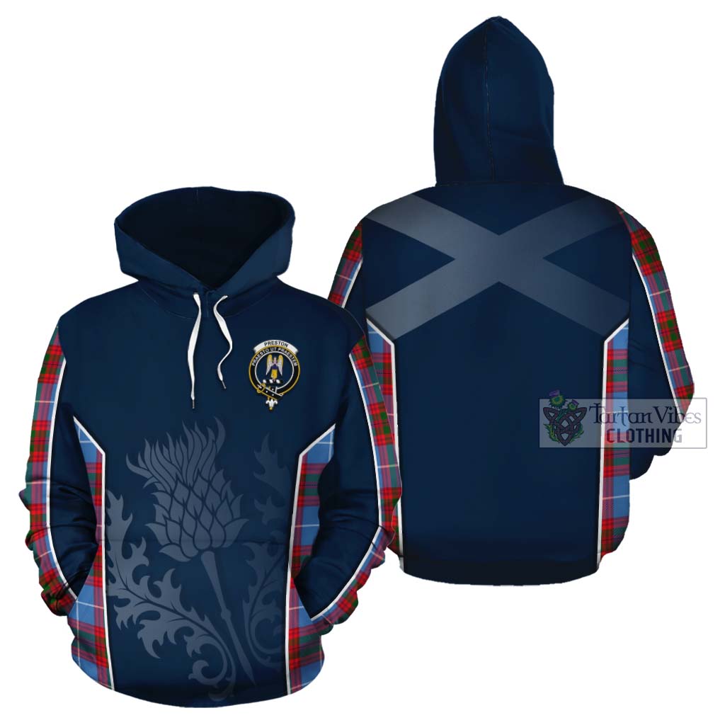 Tartan Vibes Clothing Preston Tartan Cotton Hoodie with Family Crest and Scottish Thistle Vibes Sport Style