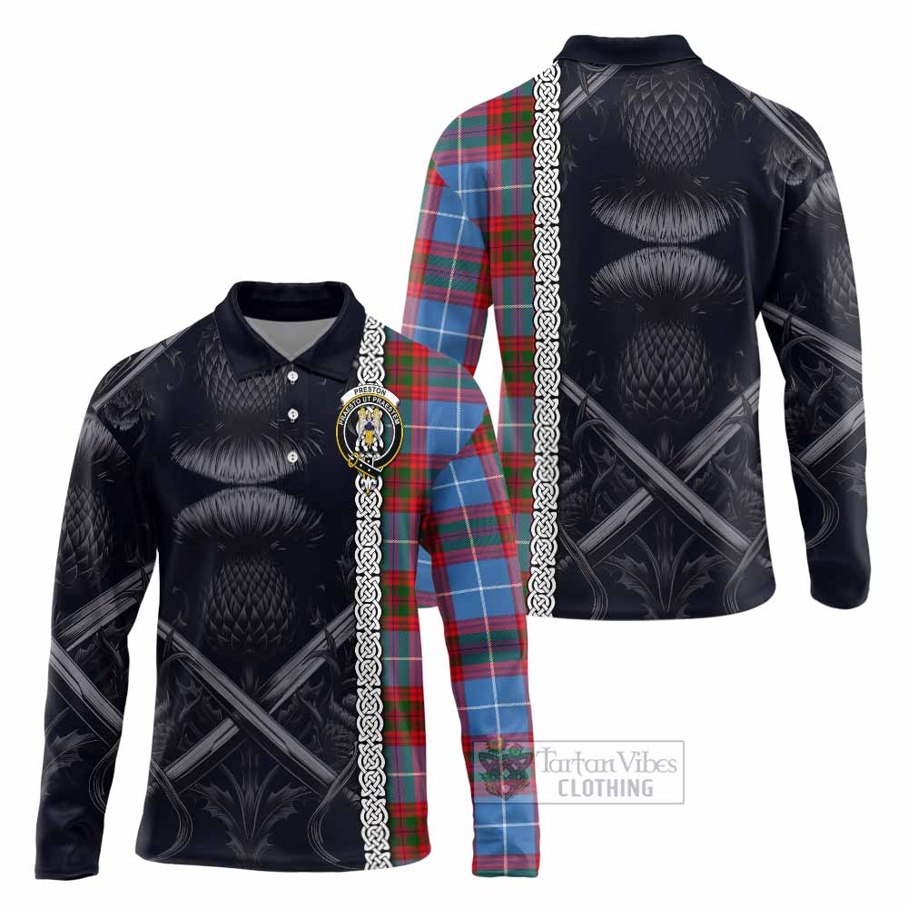 Preston Tartan Long Sleeve Polo Shirt with Family Crest Cross Sword Thistle Celtic Vibes - Tartan Vibes Clothing