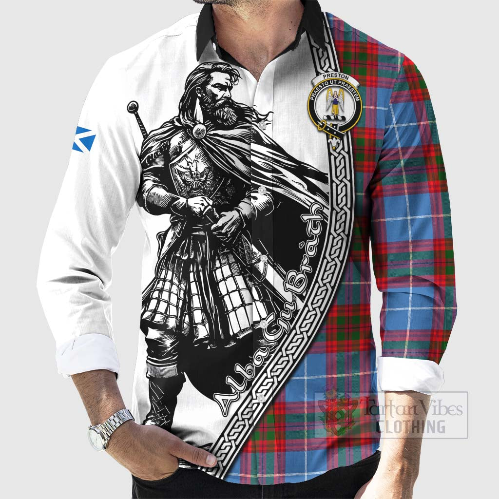 Preston Tartan Clan Crest Long Sleeve Button Shirt with Highlander Warrior Celtic Style - Tartan Vibes Clothing