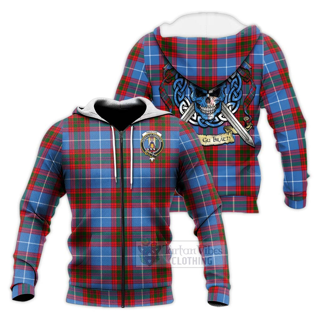 Preston Tartan Knitted Hoodie with Family Crest Celtic Skull Style Unisex Knitted Zip Hoodie - Tartan Vibes Clothing