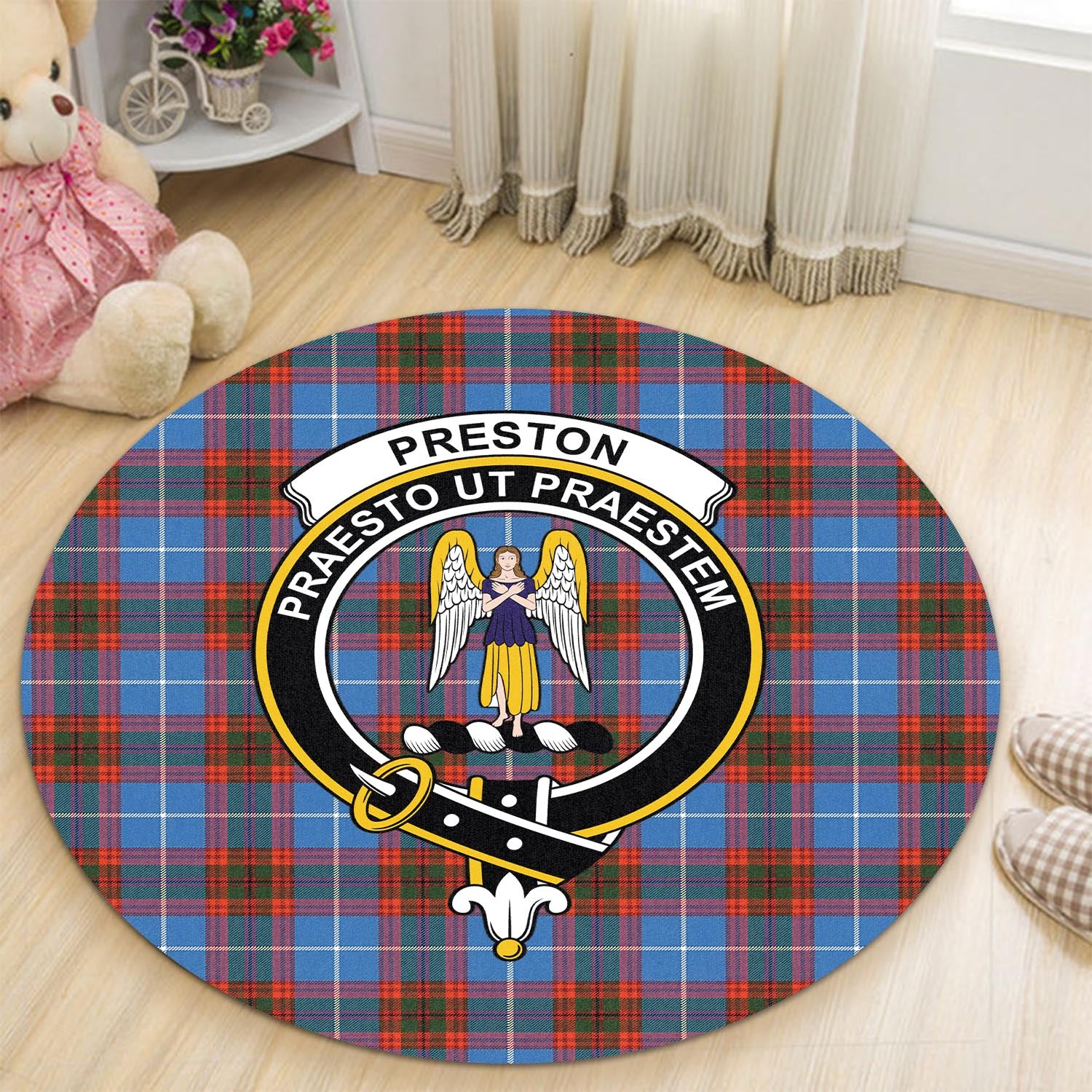 Preston Tartan Round Rug with Family Crest - Tartan Vibes Clothing