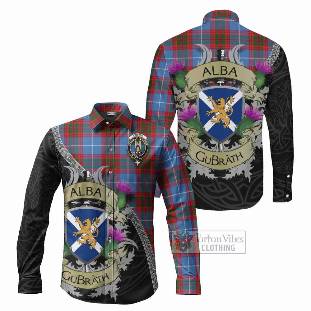 Preston Tartan Family Crest Long Sleeve Button Shirt Lion Rampant Royal Thistle Shield Celtic Inspired - Tartan Vibes Clothing