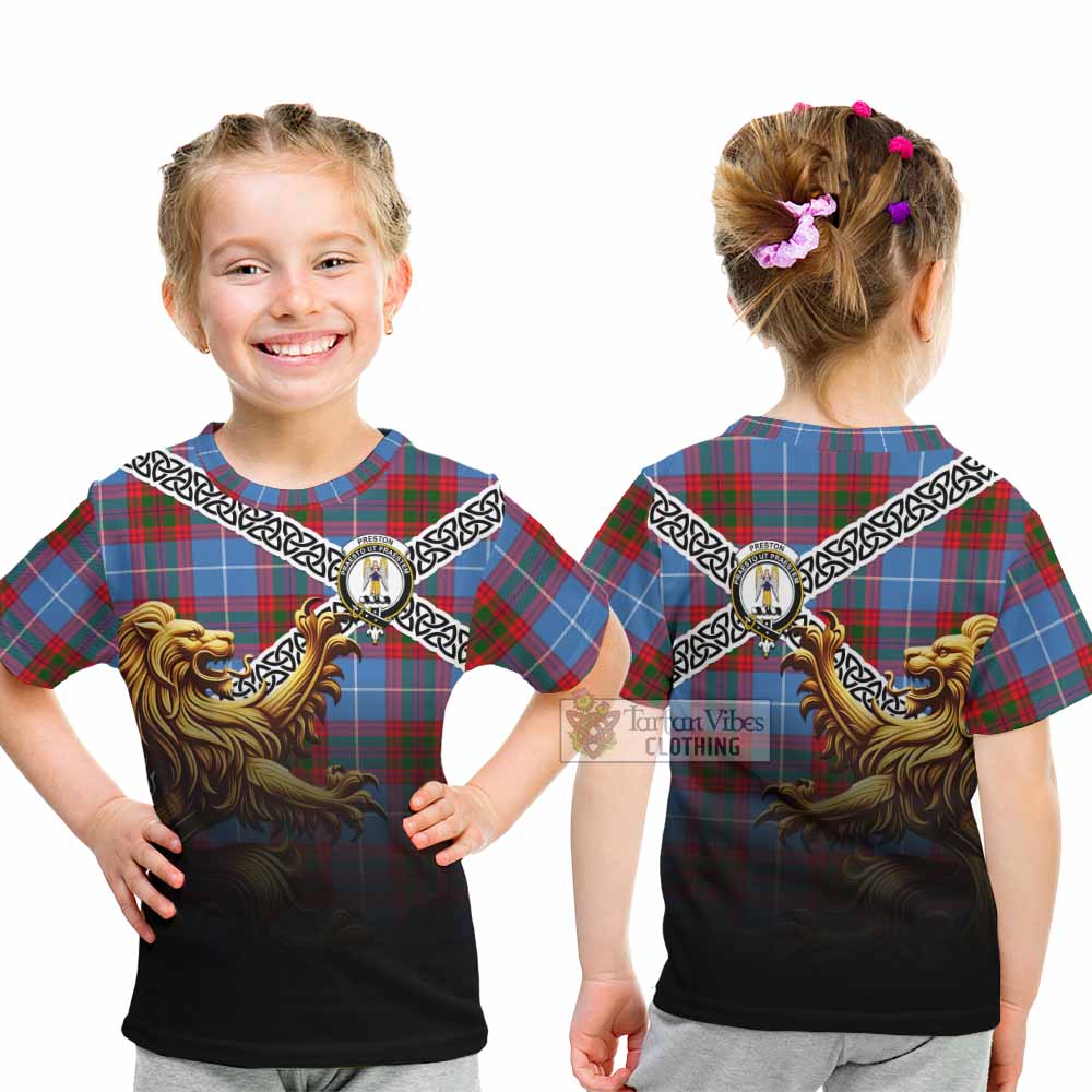 Preston Crest Tartan Kid T-Shirt with Golden Lion Emblem Celtic Style - Tartan Vibes Clothing
