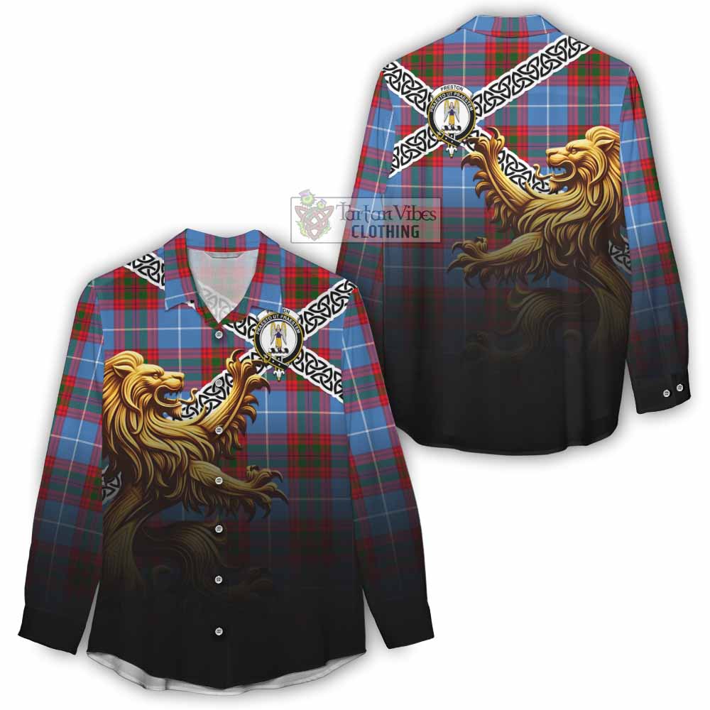 Preston Crest Tartan Women's Casual Shirt with Golden Lion Emblem Celtic Style - Tartan Vibes Clothing