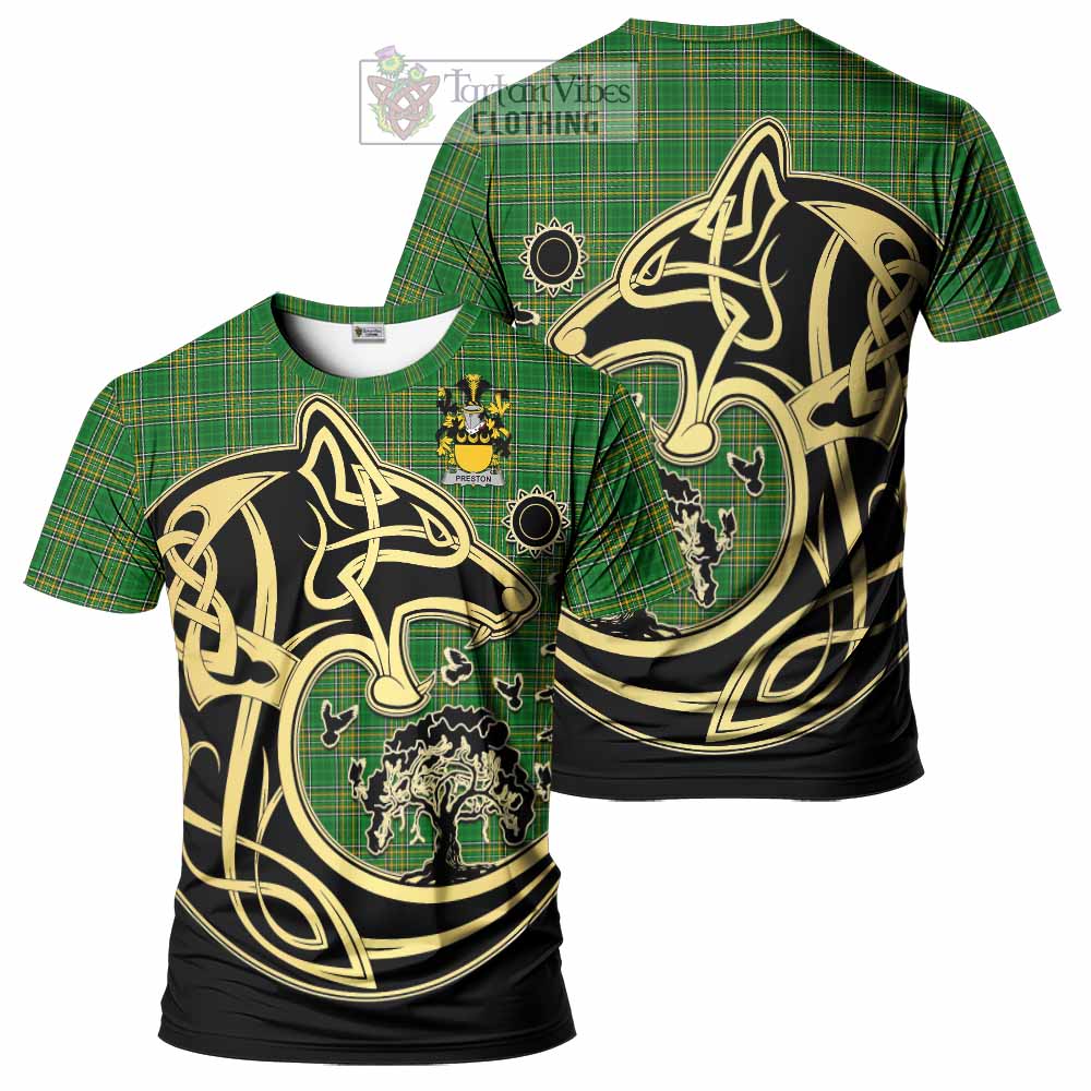 Preston Irish Tartan T-Shirt with Coat of Arms Celtic Wolf Style - Tartan Vibes Clothing