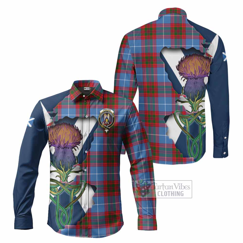 Preston Tartan Family Crest Long Sleeve Button Shirt Scottish Thistle Celtic Inspired - Tartan Vibes Clothing