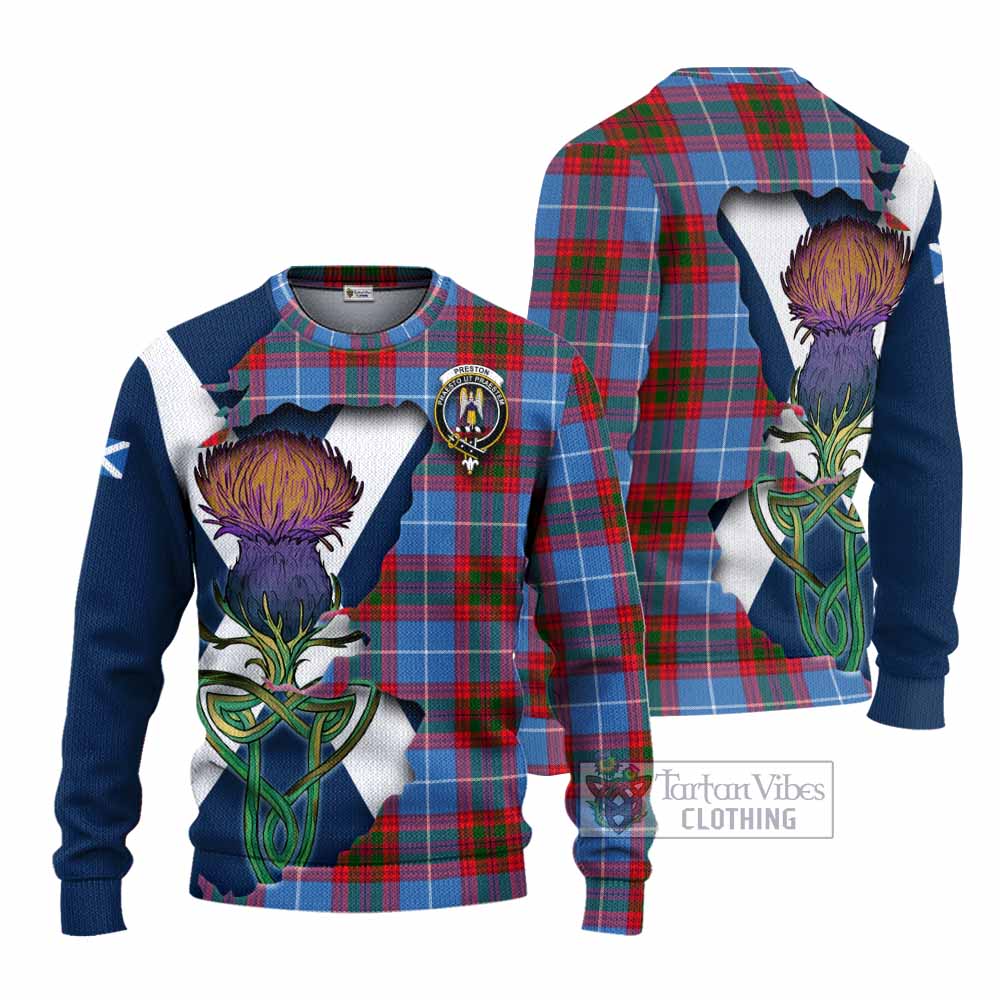 Preston Tartan Family Crest Knitted Sweater Scottish Thistle Celtic Inspired - Tartan Vibes Clothing