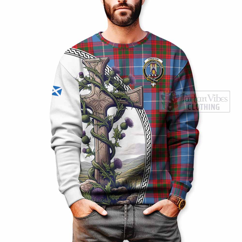 Preston Tartan Sweatshirt with Family Crest and St. Andrew's Cross Accented by Thistle Vines - Tartan Vibes Clothing