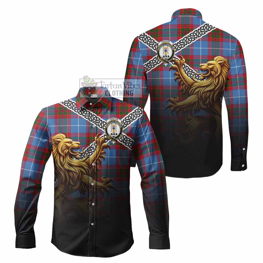 Preston Crest Tartan Long Sleeve Button Shirt with Golden Lion Emblem Celtic Style - Tartan Vibes Clothing