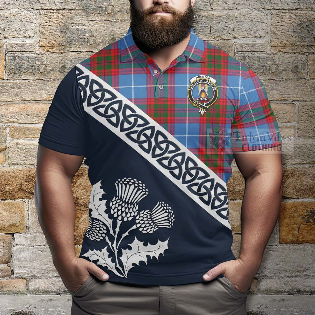 Preston Tartan Polo Shirt Featuring Thistle and Scotland Map - Tartanvibesclothing Store
