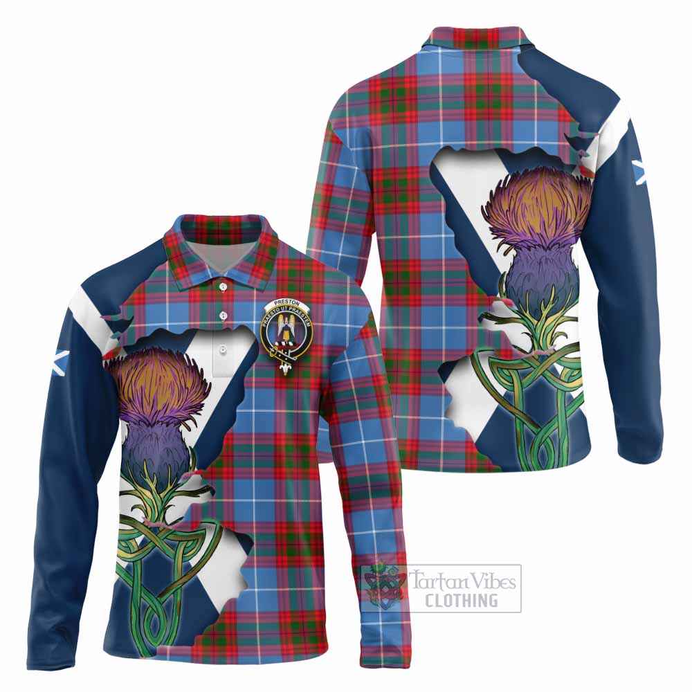 Preston Tartan Family Crest Long Sleeve Polo Shirt Scottish Thistle Celtic Inspired - Tartan Vibes Clothing