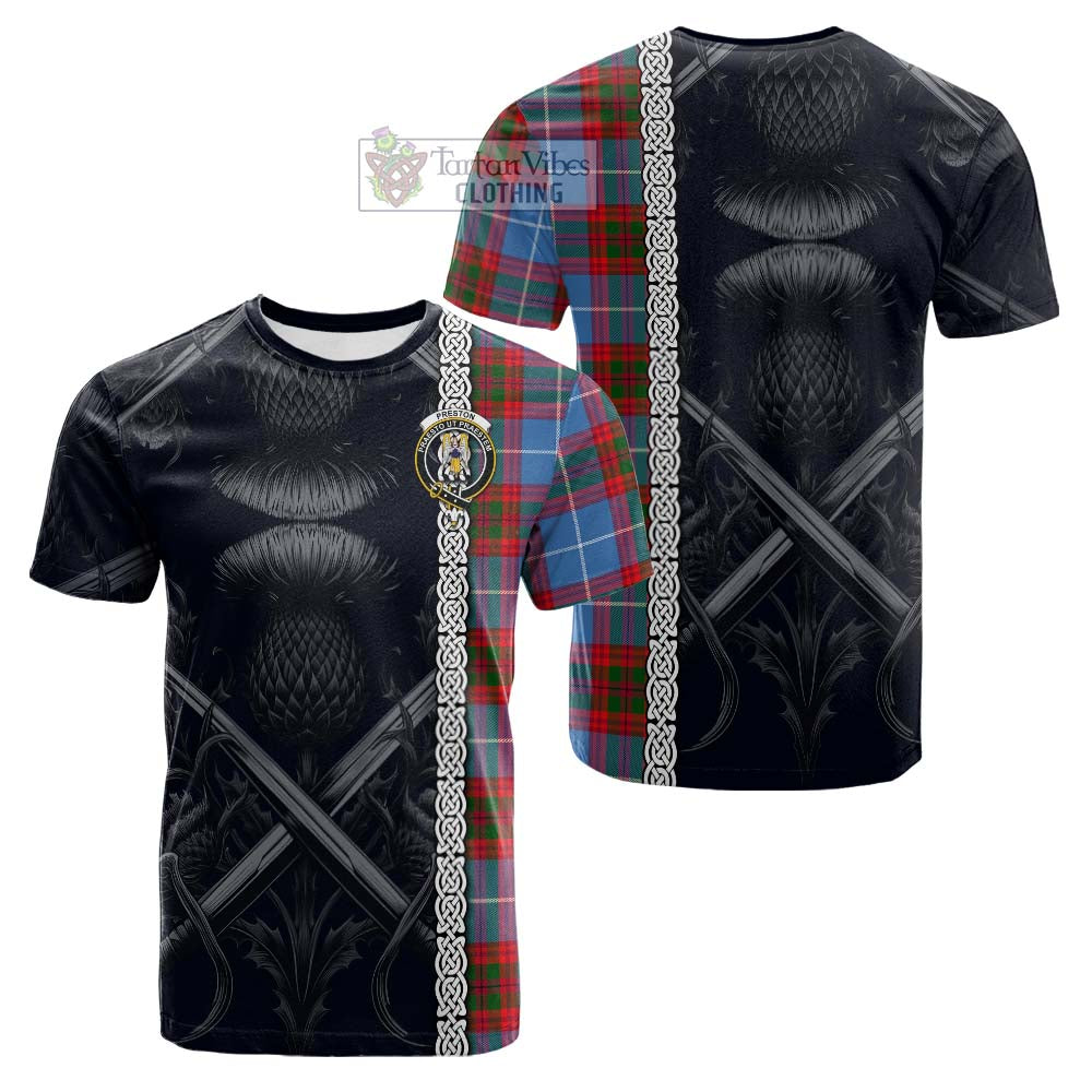 Preston Tartan Cotton T-shirt with Family Crest Cross Sword Thistle Celtic Vibes - Tartan Vibes Clothing