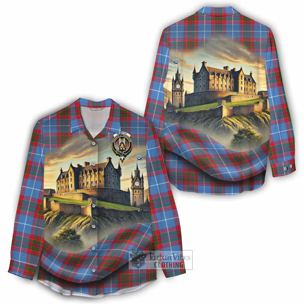Preston Tartan Family Crest Women's Casual Shirt with Scottish Ancient Castle Style - Tartan Vibes Clothing