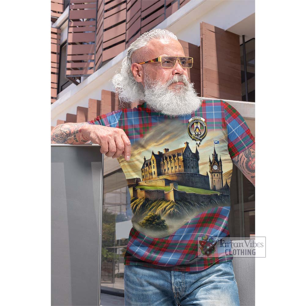 Preston Tartan Family Crest Cotton T-shirt with Scottish Ancient Castle Style - Tartan Vibes Clothing