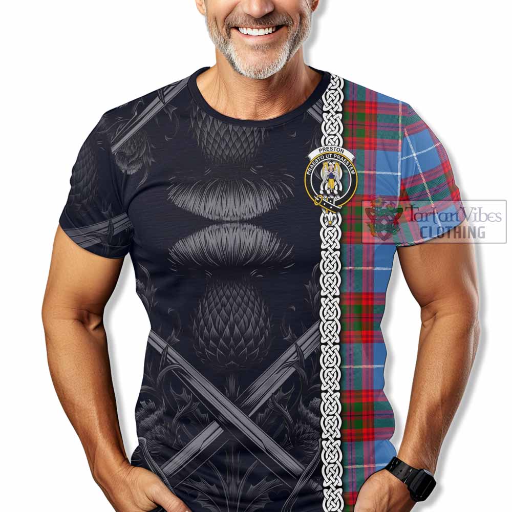 Preston Tartan T-Shirt with Family Crest Cross Sword Thistle Celtic Vibes - Tartan Vibes Clothing