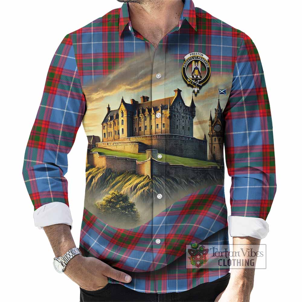 Tartan Vibes Clothing Preston Tartan Family Crest Long Sleeve Button Shirt with Scottish Ancient Castle Style