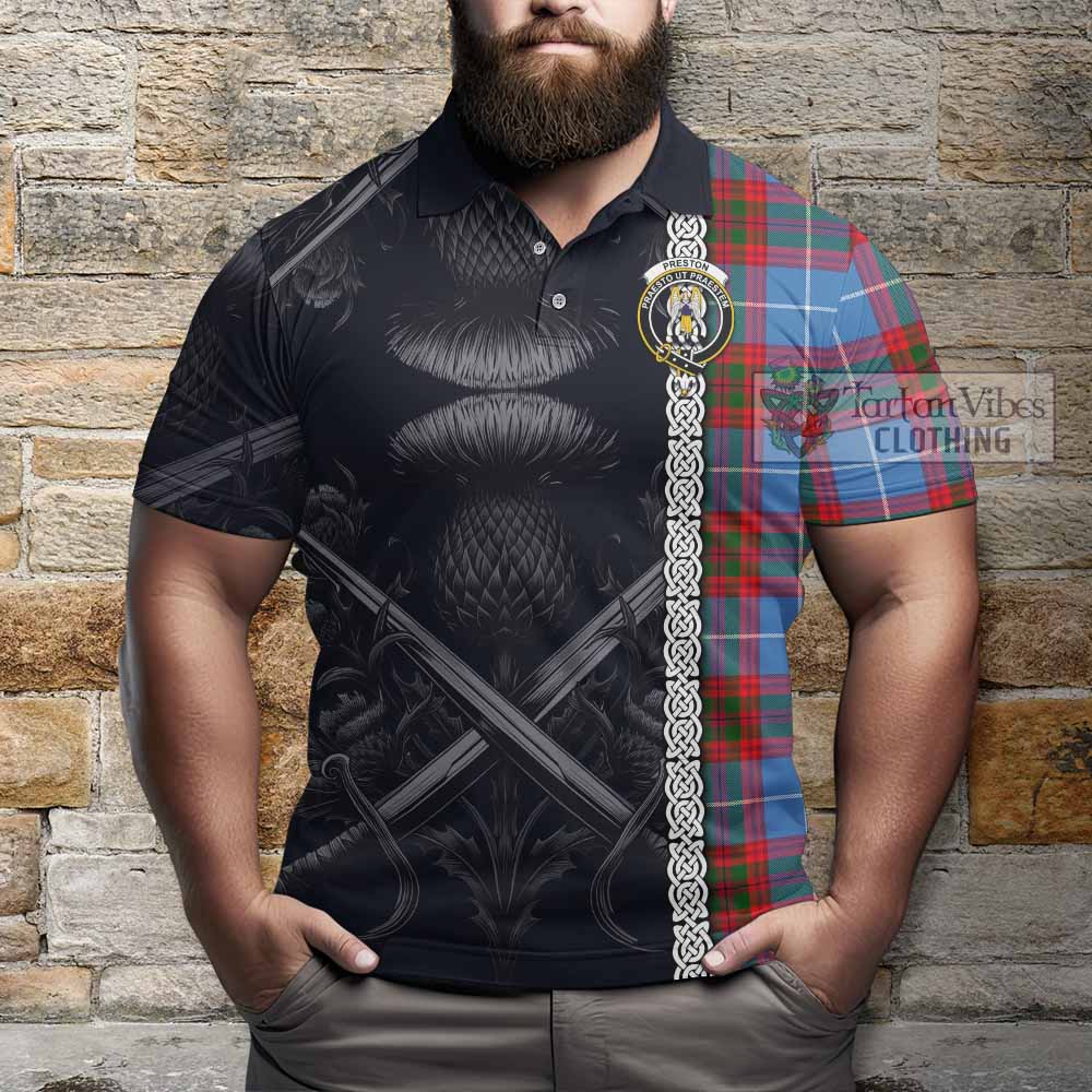 Preston Tartan Polo Shirt with Family Crest Cross Sword Thistle Celtic Vibes - Tartan Vibes Clothing