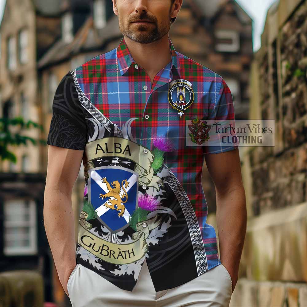 Preston Tartan Family Crest Hawaiian Shirt Lion Rampant Royal Thistle Shield Celtic Inspired - Tartan Vibes Clothing