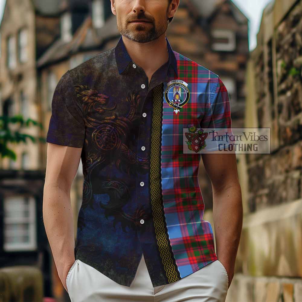 Tartan Vibes Clothing Preston Tartan Family Crest Short Sleeve Button Shirt Alba Gu Brath Be Brave Lion Ancient Style