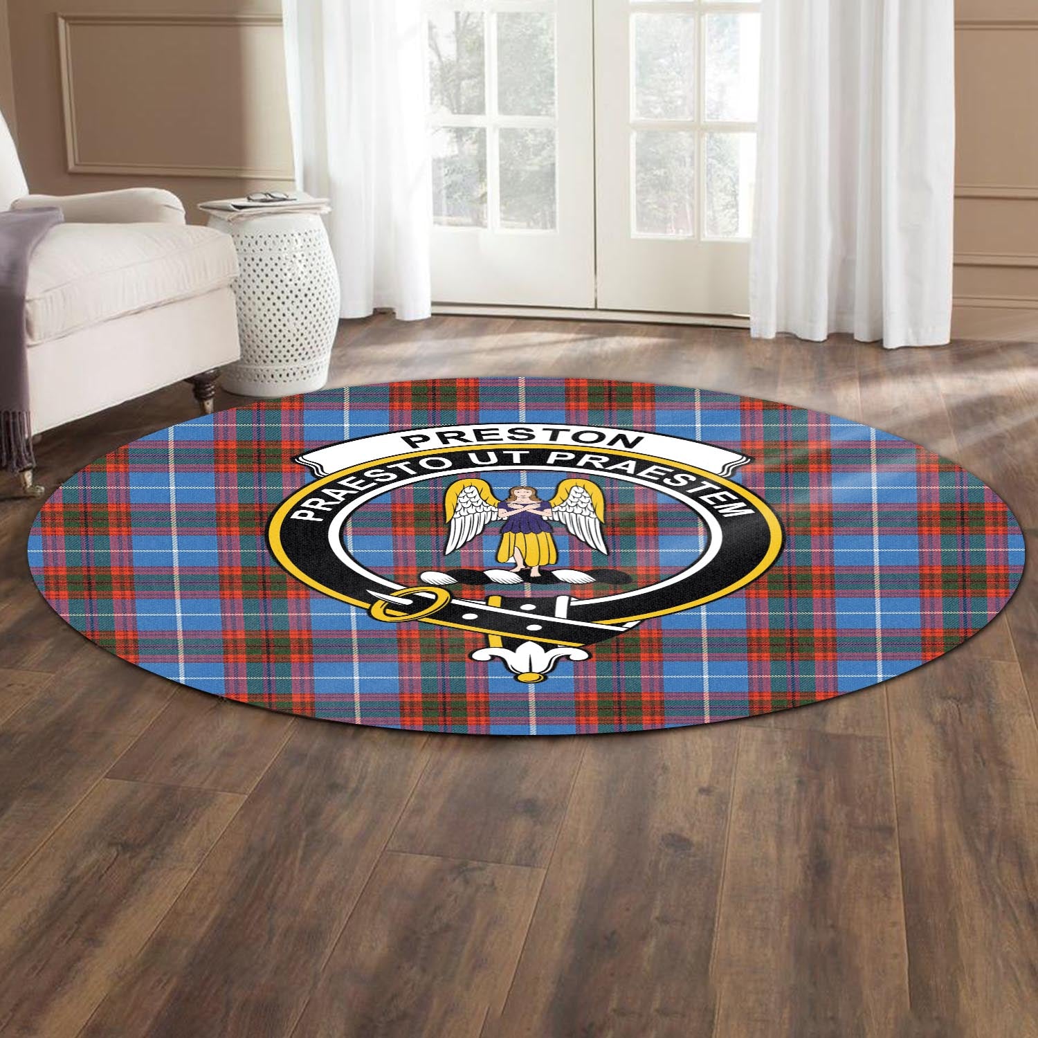 Preston Tartan Round Rug with Family Crest - Tartan Vibes Clothing