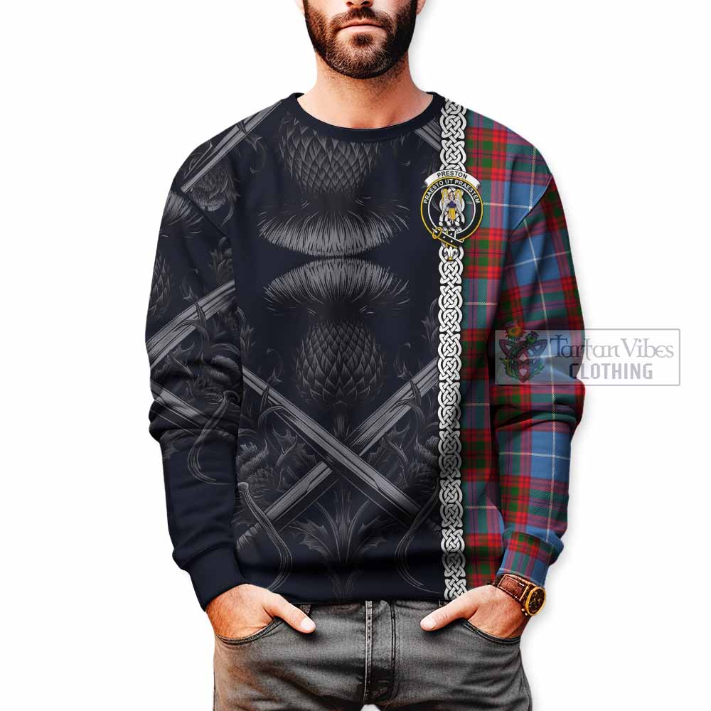 Preston Tartan Sweatshirt with Family Crest Cross Sword Thistle Celtic Vibes - Tartan Vibes Clothing