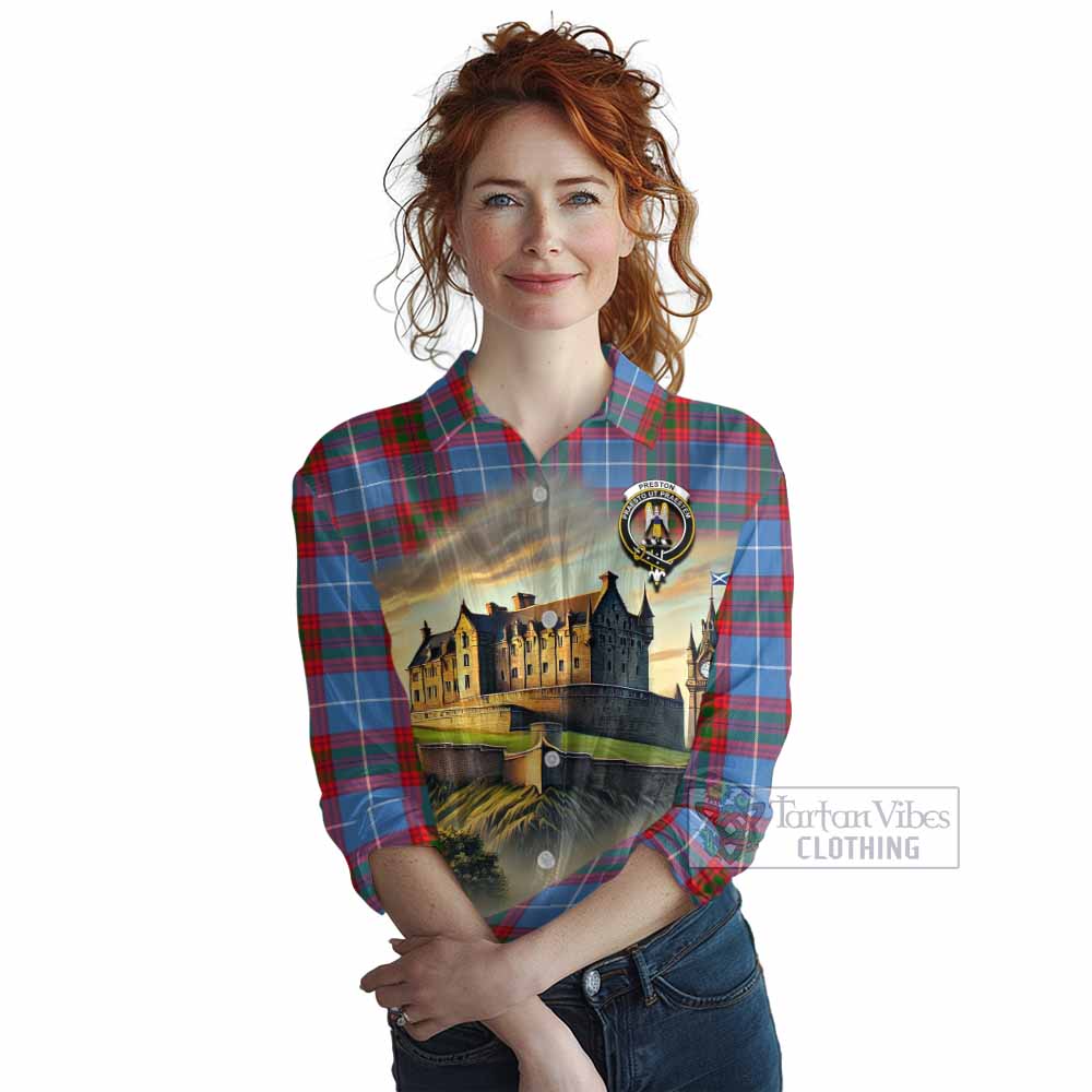 Preston Tartan Family Crest Women's Casual Shirt with Scottish Ancient Castle Style - Tartan Vibes Clothing