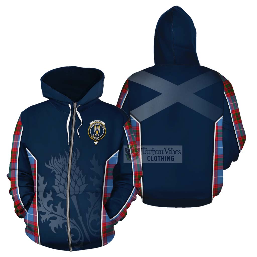 Tartan Vibes Clothing Preston Tartan Cotton Hoodie with Family Crest and Scottish Thistle Vibes Sport Style