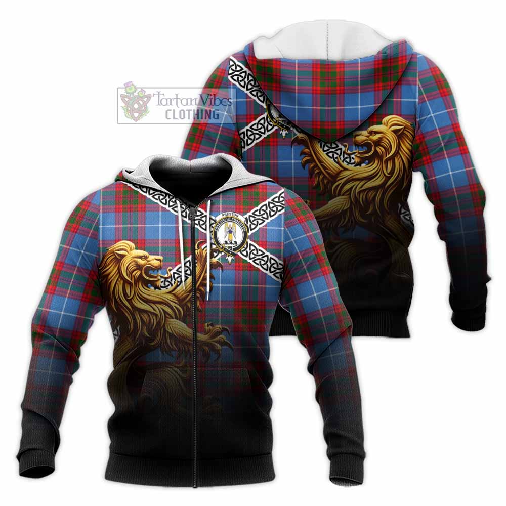 Preston Crest Tartan Knitted Hoodie with Golden Lion Emblem Celtic Style Unisex Knitted Zip Hoodie - Tartan Vibes Clothing
