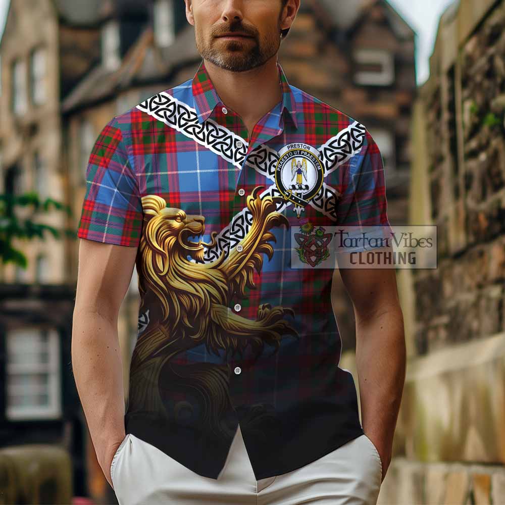 Preston Crest Tartan Hawaiian Shirt with Golden Lion Emblem Celtic Style - Tartan Vibes Clothing