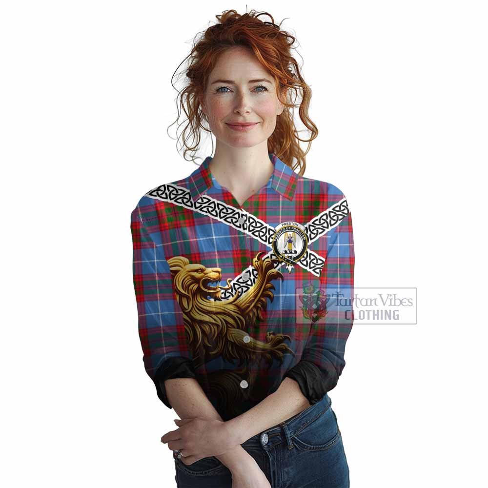 Preston Crest Tartan Women's Casual Shirt with Golden Lion Emblem Celtic Style - Tartan Vibes Clothing