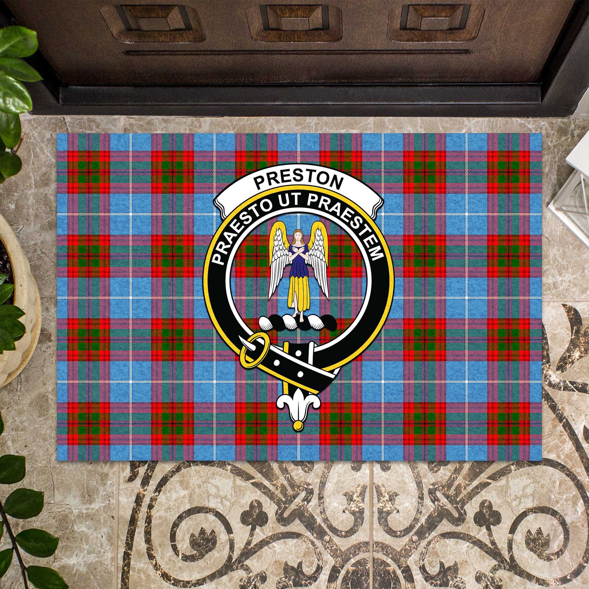 Preston Tartan Door Mat with Family Crest - Tartanvibesclothing