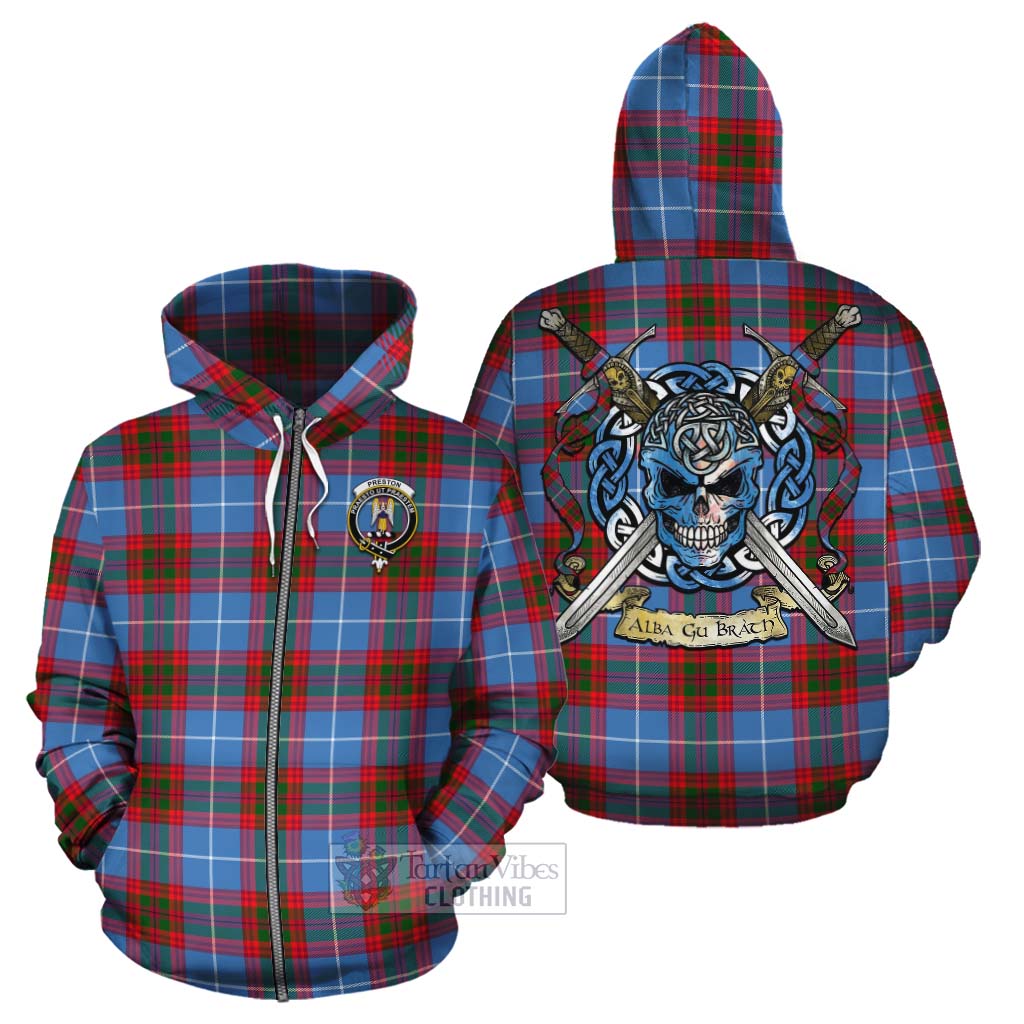 Preston Tartan Cotton Hoodie with Family Crest Celtic Skull Style - Tartan Vibes Clothing