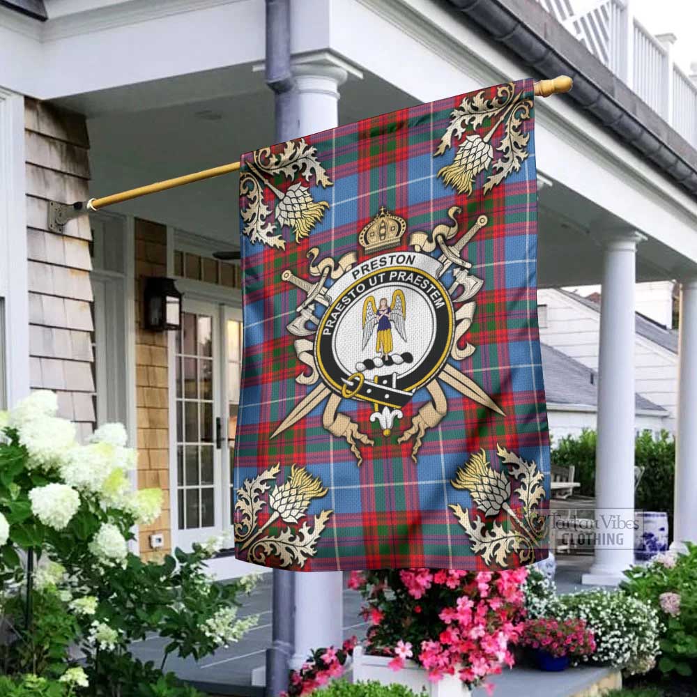 Preston Tartan Garden Flag with Family Crest and Golden Thistle Crossed Sword Design - Tartan Vibes Clothing