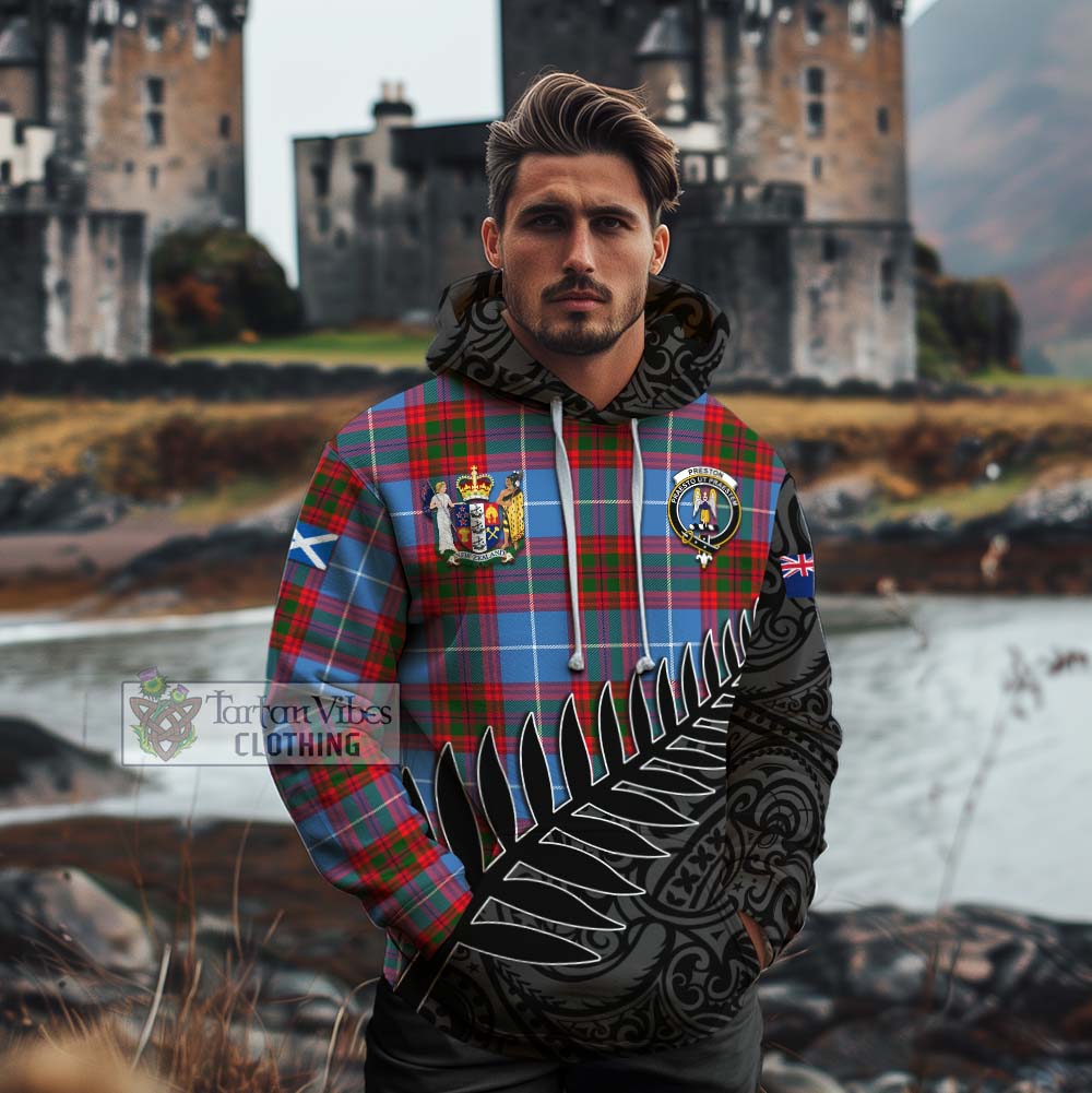 Tartan Vibes Clothing Preston Crest Tartan Cotton Hoodie with New Zealand Silver Fern Half Style