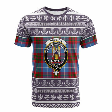 Preston Clan Tartan Christmas Cotton T-shirt with Family Crest