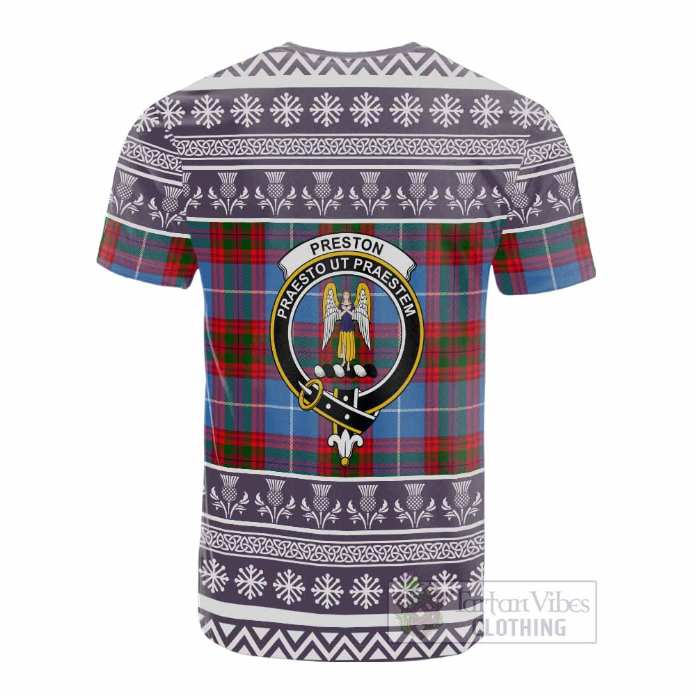 Preston Clan Tartan Christmas Cotton T-shirt with Family Crest - Tartan Vibes Clothing