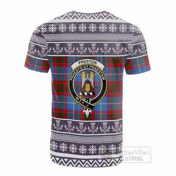 Preston Clan Tartan Christmas Cotton T-shirt with Family Crest