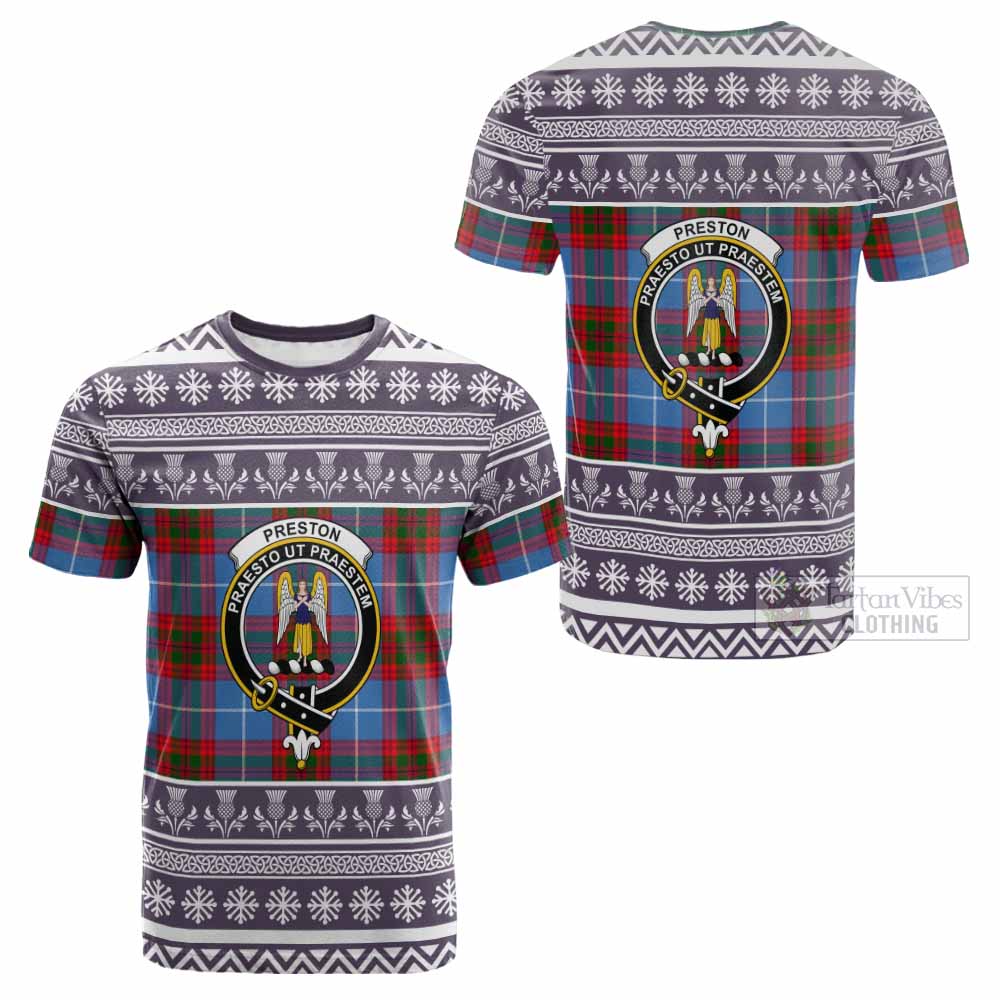 Preston Clan Tartan Christmas Cotton T-shirt with Family Crest - Tartan Vibes Clothing