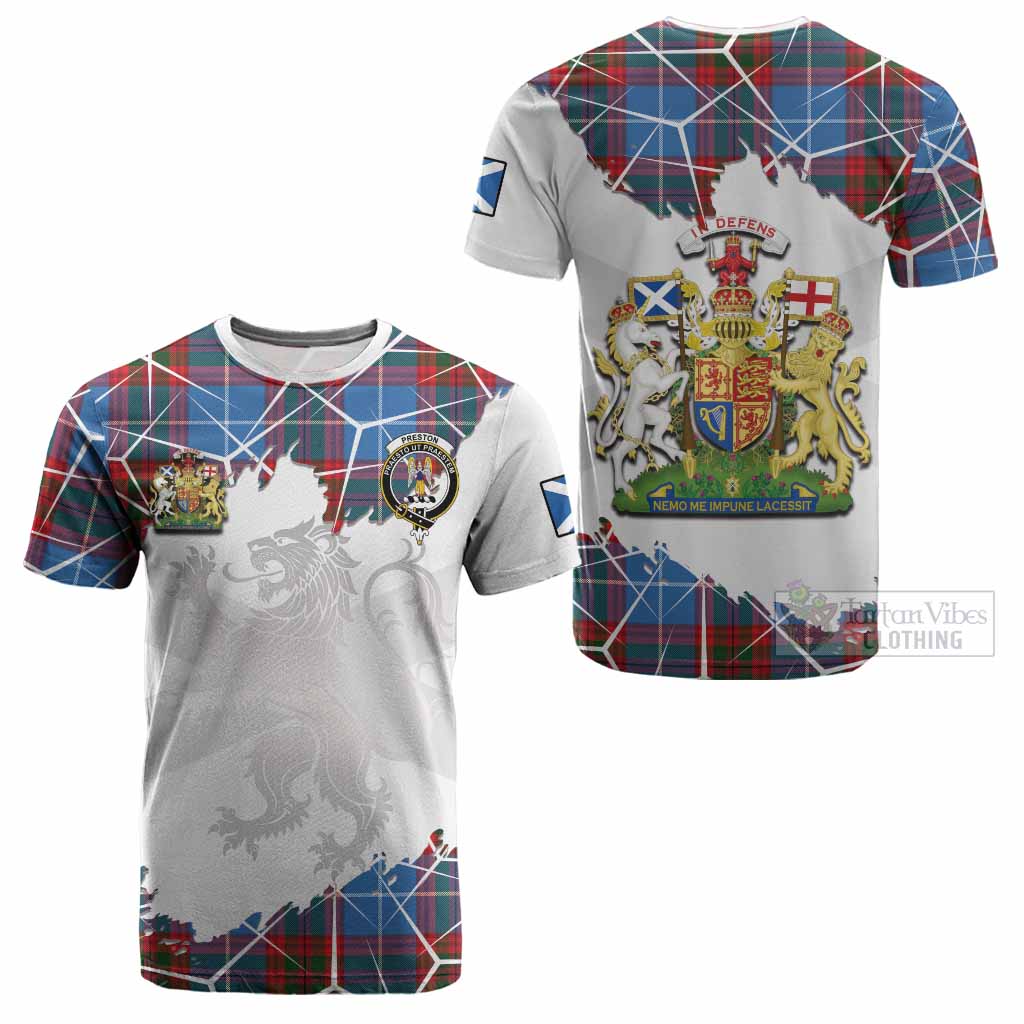 Preston Tartan Cotton T-shirt with Family Crest and Lion Rampant Grunge Style