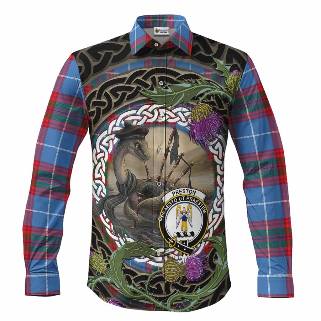 Preston Tartan Crest Bagpipe Nessie Long Sleeve Button Shirts Scottish Loch Ness Monster Celtic Thistle