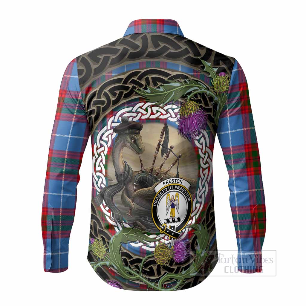 Preston Tartan Crest Bagpipe Nessie Long Sleeve Button Shirts Scottish Loch Ness Monster Celtic Thistle