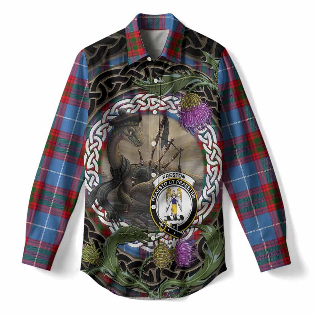 Preston Tartan Crest Bagpipe Nessie Women Casual Shirt Scottish Loch Ness Monster Celtic Thistle