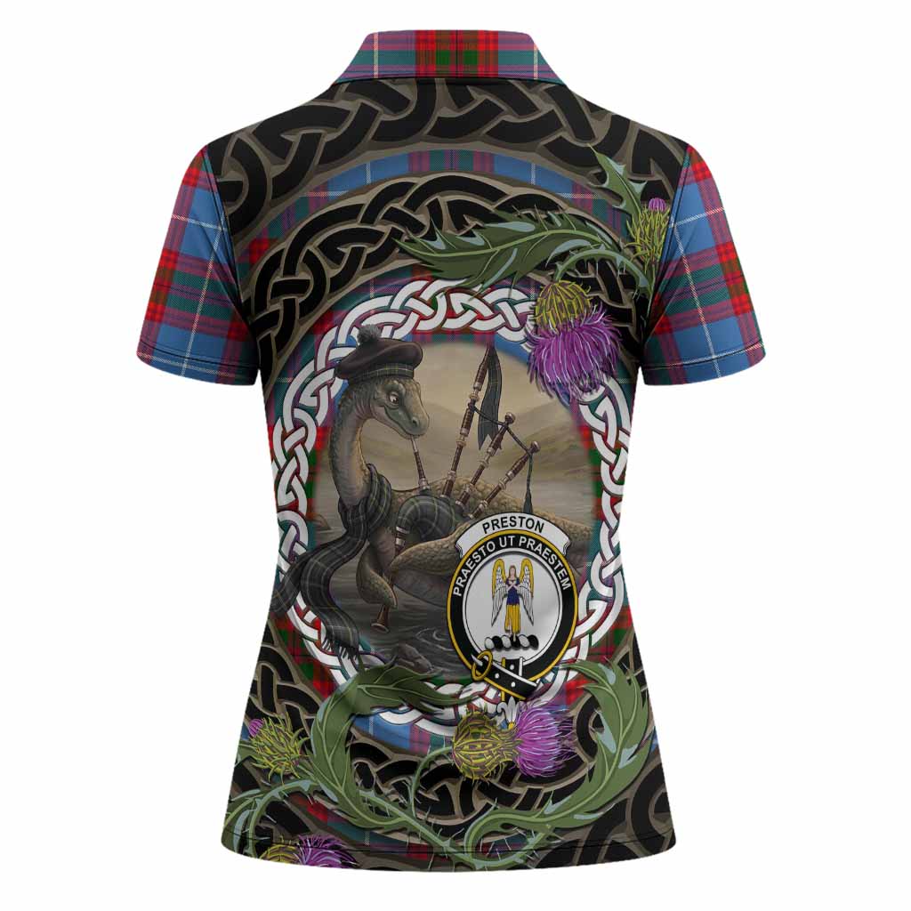 Preston Tartan Crest Bagpipe Nessie Women Polo Shirt Scottish Loch Ness Monster Celtic Thistle