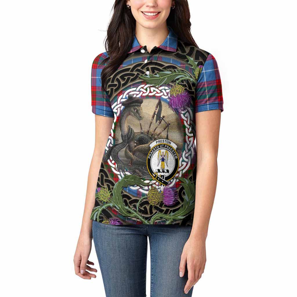 Preston Tartan Crest Bagpipe Nessie Women Polo Shirt Scottish Loch Ness Monster Celtic Thistle